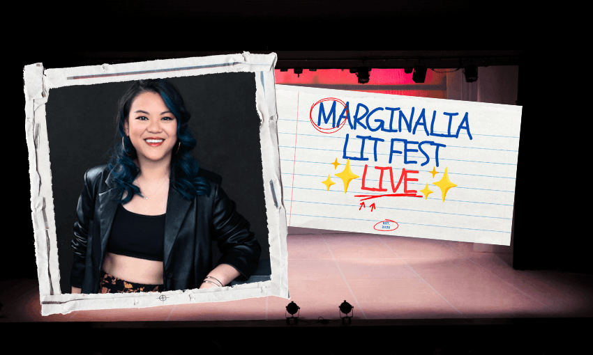 An empty stage with the logo of a festival called Marginalia Live Lit on it and a photo of the festival's creator who is a young Asian woman.