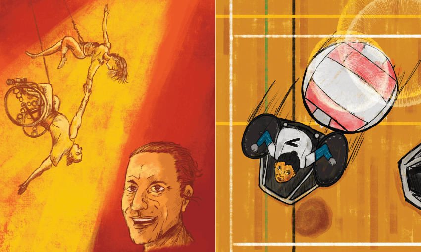 Two illustrations from a book called Out of the Box. The first illustration shows a man's face and then a man in a wheelchair performing aerial movements. The second illustration is looking down on a basketball player in a wheelchair.