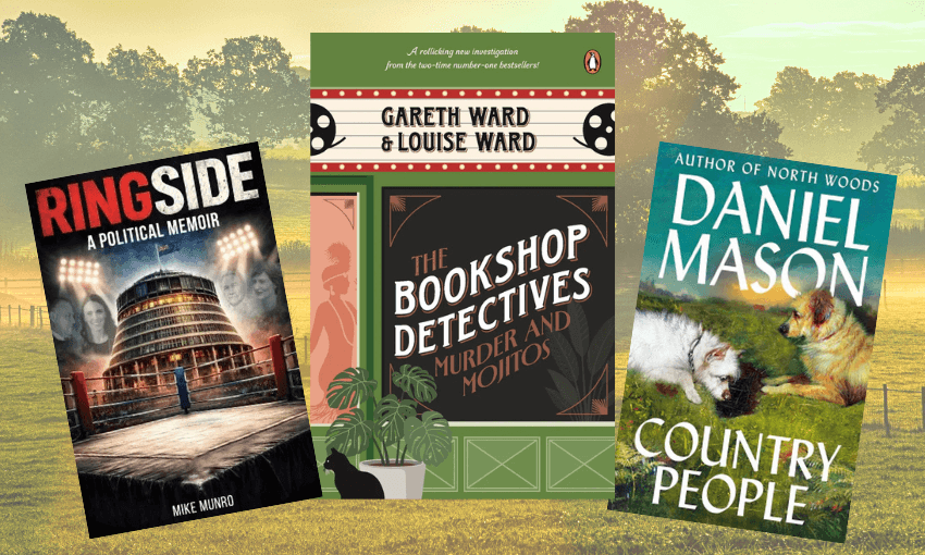 Three book covers with a photo of a pastoral scene behind them.