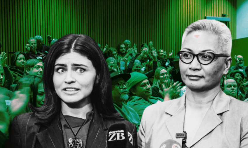 Green Party co-leaders Chlöe Swarbrick and Marama Davidson (Images: supplied, design: The Spinoff) 
