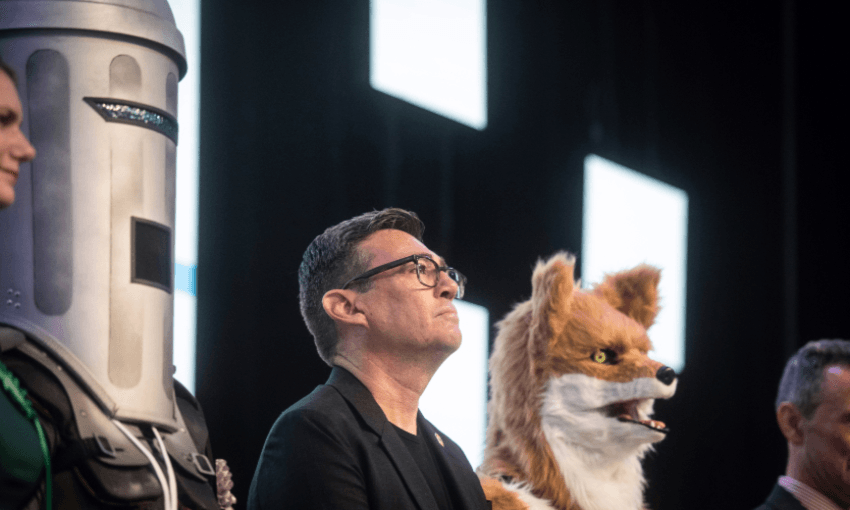 Count Binface stands alongside Andy Burnham (now prime minister) and a fox at the Makerfield byelection declaration in June. Photo: Mary Turner/Bloomberg via Getty Images