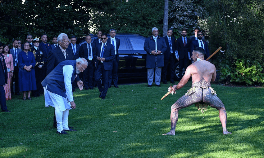 Modi at the powhiri. (Photo: Alex Burton/Getty Images)