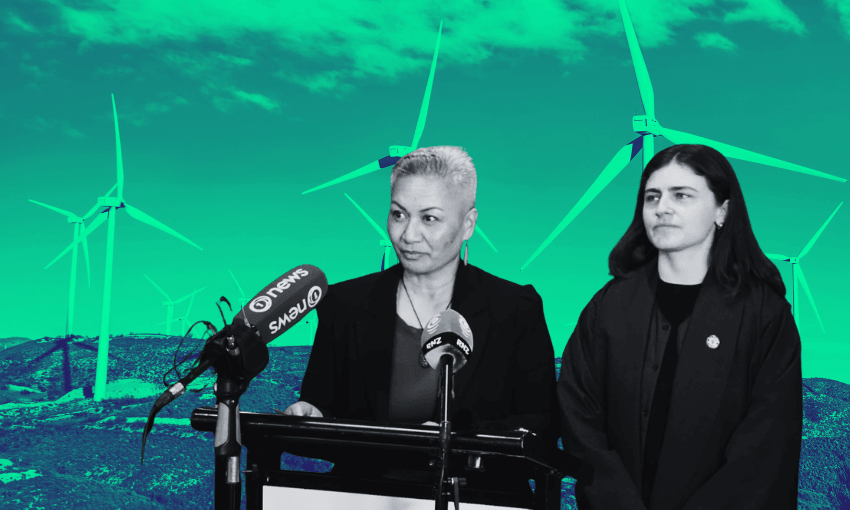 Green Party co-leader’s Marama Davidson and Chlöe Swarbrick (Photo: Tess Brunton/RNZ, Design: The Spinoff)
