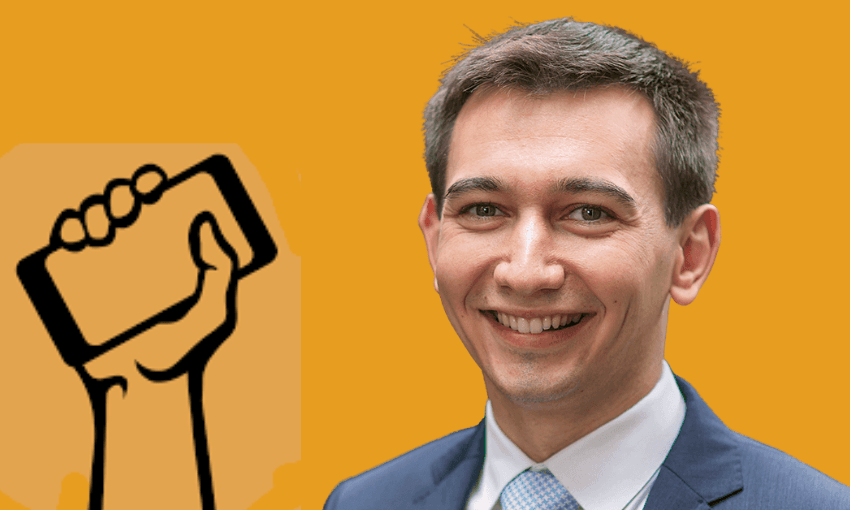 The Free Speech Union (left) and health minister Simeon Brown (right). (Image: The Spinoff) 
