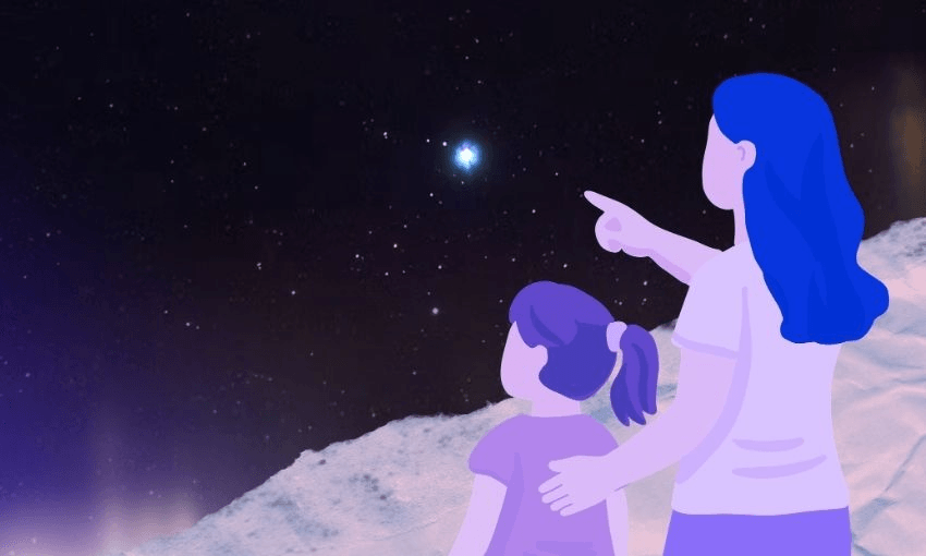 Two illustrated figures, an adult and a child, stand on a snowy surface at night. The adult points toward a bright star in the sky as the child looks up, stars scattered across the dark background.