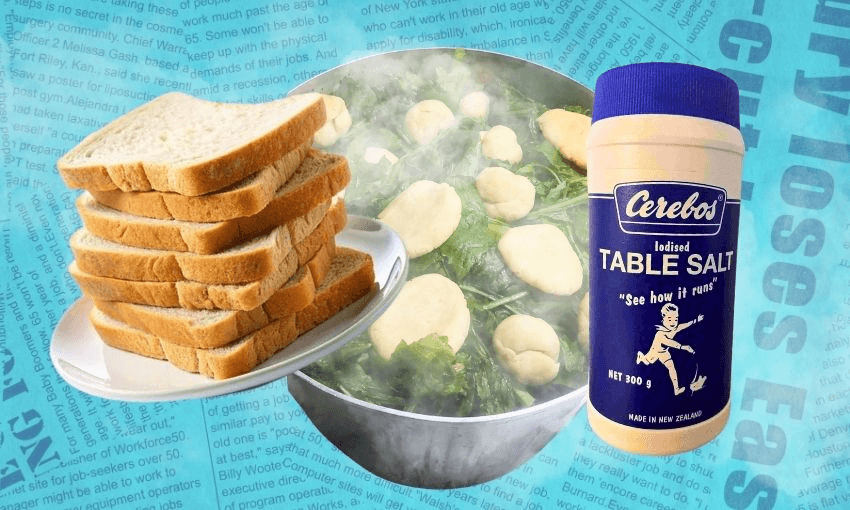 A stack of sliced white bread, a steaming pot of leafy greens with dumplings, and a blue container of Cerebos table salt on a blue text background.