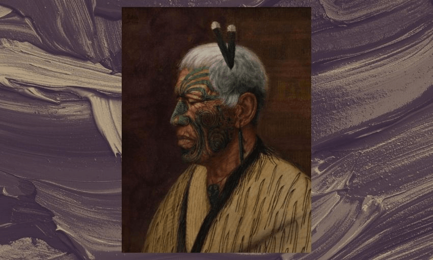 A portrait of a man in profile with facial moko (traditional Māori tattoos), short gray hair, wearing a tan cloak, and two feathers in his hair, set against a textured, dark background.