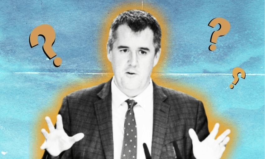 A man in a suit gestures while speaking, surrounded by question marks on a blue textured background, with an orange glow highlighting him.