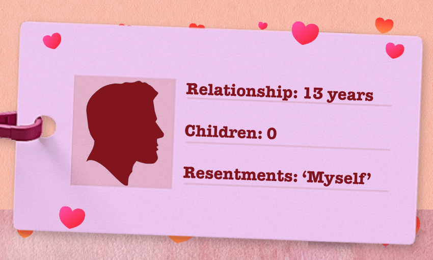 red and pink love actually template showing a fake ID card of a man in a 13-year relationship with no children and only resentment is "myself"