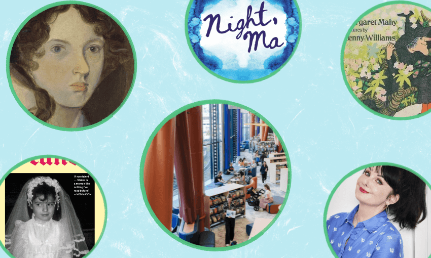 Six circles each with literary things in them: book covers, author photos or paintings.