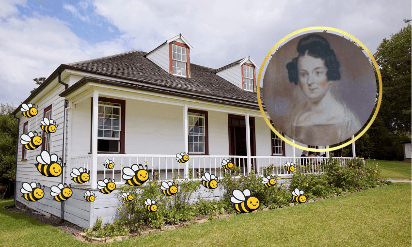 A white house with cartoon bees around it; an illustrated portrait of a woman is enlarged in a circle above the house.