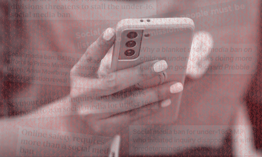 A close-up of a person's hand holding a smartphone. Faded, overlapping text about social media bans and online safety appears over the image, creating a layered, textured effect.