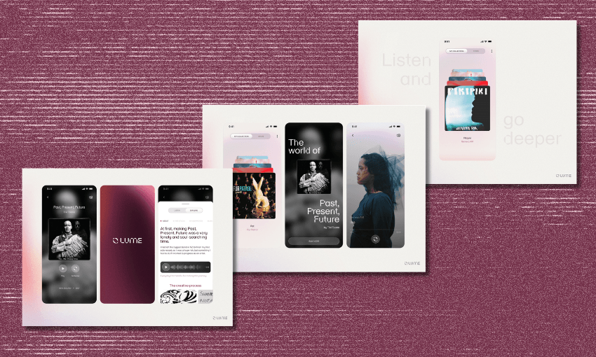 Three digital screens display music or podcast apps with images of people, album covers, and interface elements, set against a textured pink background. Text phrases appear, such as "Listen and go deeper" and "Fast, Present, Future.