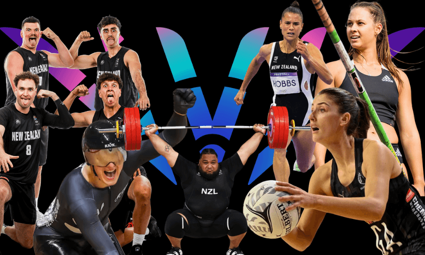 a collection of New Zealand athletes in action across different codes, on a black background with the blue and pink logo of the commonwealth games