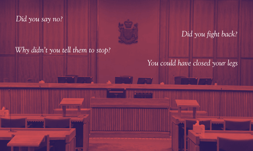 An empty courtroom with accusatory phrases like "Did you say no?" and "You could have closed your legs" overlaid, highlighting current defence tactics in sexual assault cases.