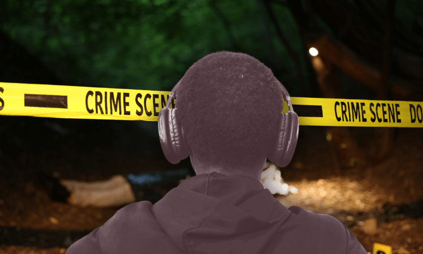 a crime scene in nature with a yellow "do not cross" tape across it in the background. in the foreground a figure stares at the scene wearing large over-ear headphones