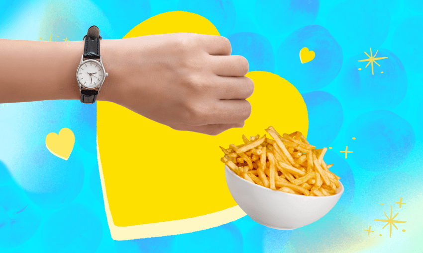blue dating files textured background with a yellow heart, overlaid are a hand with a wristwatch on it and a white bowl with fries