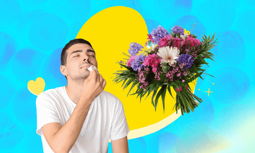blue dating files template with a yellow heart and overlaid a bouquet of flowers and a man in a white t-shirt with a bleeding nose