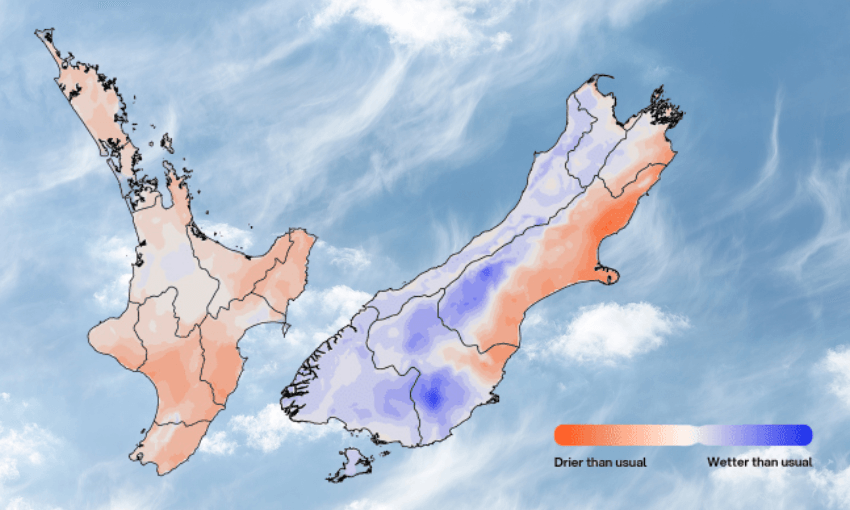 a weather map of new zealand showing drier than usual colours covering all of the north island and the east coast of the south, and wetter than usual colours on the west and south coasts of the south island