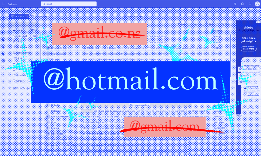 A polka dot image of an email inbox with "@hotmail.com" highlighted in blue. "@gmail.co.nz" and "@gmail.com" are crossed out in red.