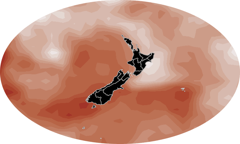 Earth Sciences NZ visualisation of sea surface temperature anomalies in August.