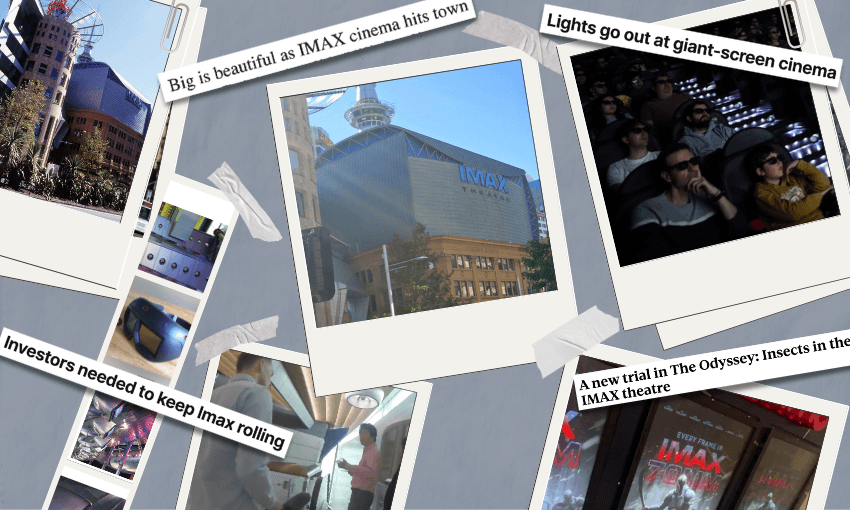 A collage featuring IMAX theaters, audiences watching films, and newspaper headlines about IMAX, such as "IMAX cinema hits town" and "Investors needed to keep Imax rolling.
