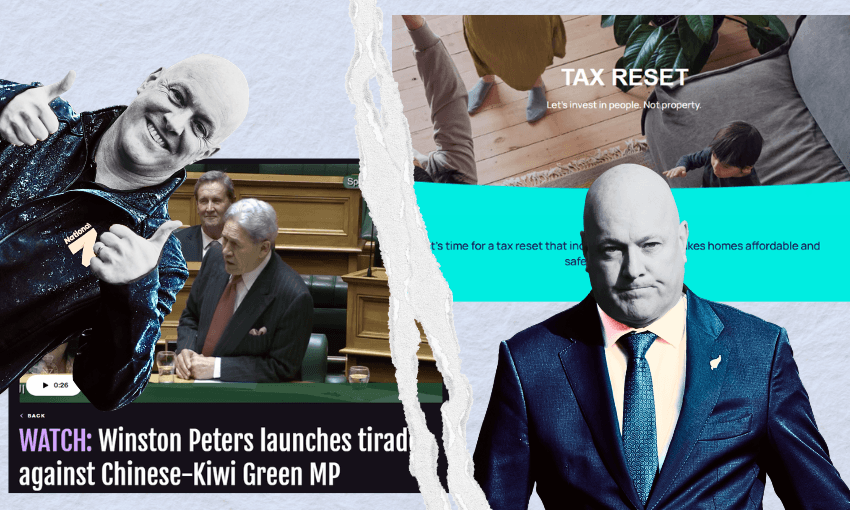 A collage with a man in a suit, a parliamentary scene, and a “TAX RESET” webpage; headlines reference Winston Peters launching a tirade against a Green MP of Chinese descent.