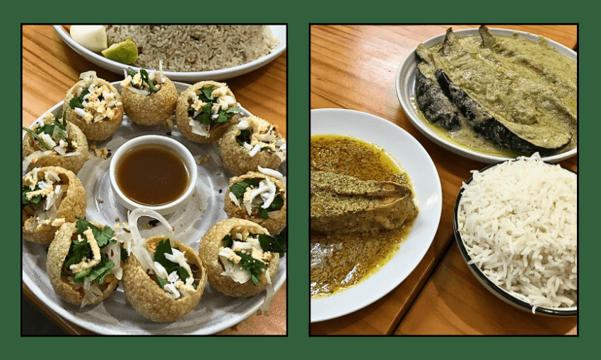 A plate of pani puri with sauce, and plates of fish and eggplant curry and rice are displayed on a wooden table, separated by a green border.