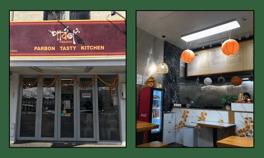 Two images: the exterior and interior of “Parbon Tasty Kitchen.” Outside has a decorated red sign and closed glass doors. Inside features hanging lanterns, a menu board, and a counter with a fridge.