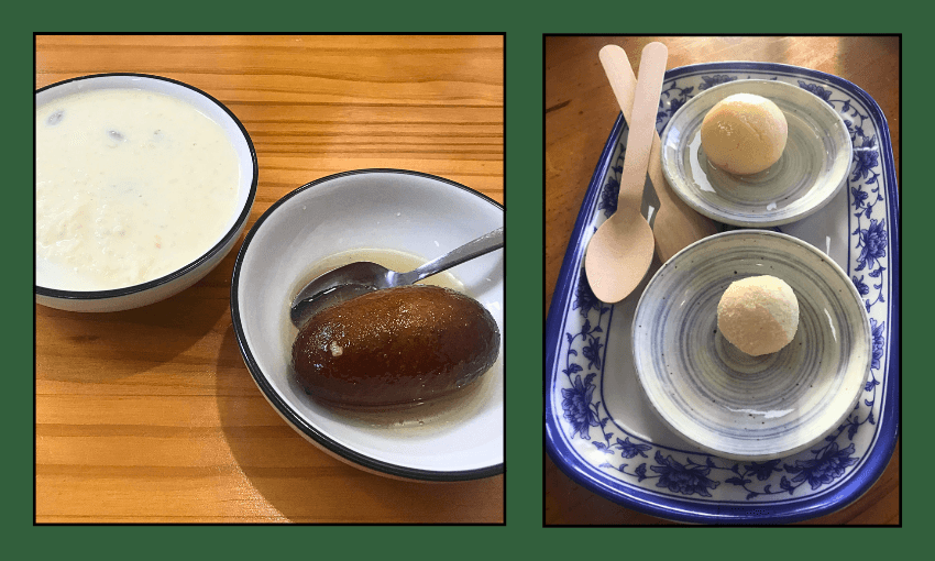 Two images: on the left, a bowl of creamy dessert and a bowl with a brown syrupy gulab jamun; on the right, two small bowls each with a scoop of yellow ice cream and a wooden spoon on a rectangular tray.