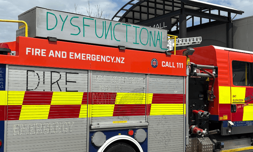 Protest messages on firetrucks as the fleet delay drags on 
