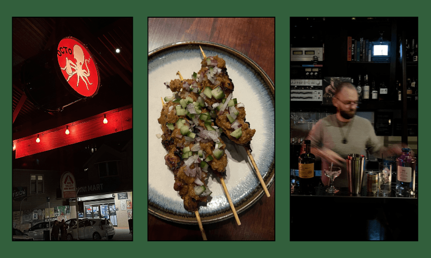 A red octopus logo sign, skewers topped with chopped onions on a plate, and a bartender mixing drinks behind a bar, all bordered with green.