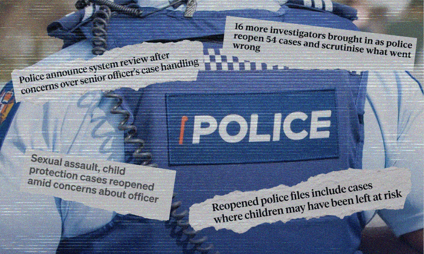 A close-up of a police officer's uniform is overlaid with news headlines about reopened cases, sexual assault, child protection, and investigations into how an officer handled cases.