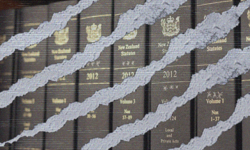 A row of legal books labeled "New Zealand Statutes 2012" is shown with jagged, torn-like white streaks running diagonally across the image.