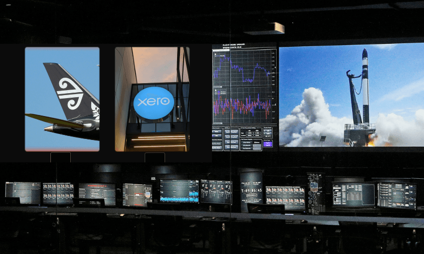 A control room with large screens displaying a rocket launch, stock charts, an Air New Zealand airplane tail, and a Xero office sign. Multiple computer monitors fill the room.