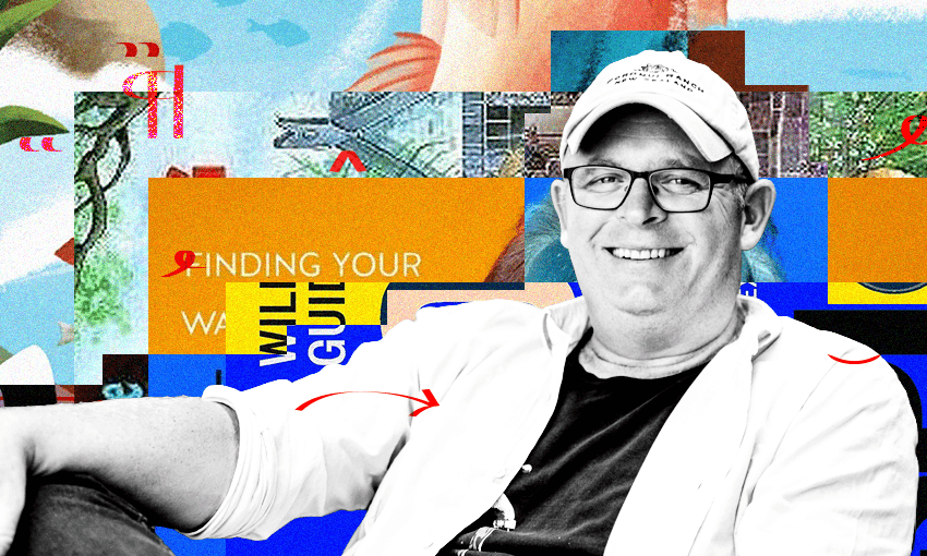 A black and white photo of chef Al Brown who is wearing a cap, glasses and is smiling. Behind him is a collage of book covers.