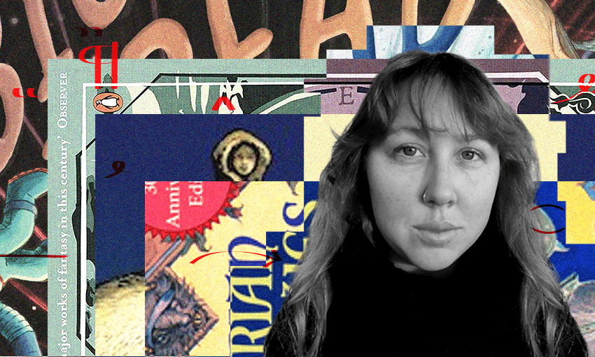A black and white photo of writer and illustrator Lily Uivel who is a young woman with long hair. Behind her is a collage of book covers.