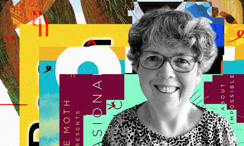 A black and white photo of Trish Harris who is a middle aged woman with short hair, glasses. She is smiling. Behind her is a collage of book covers.