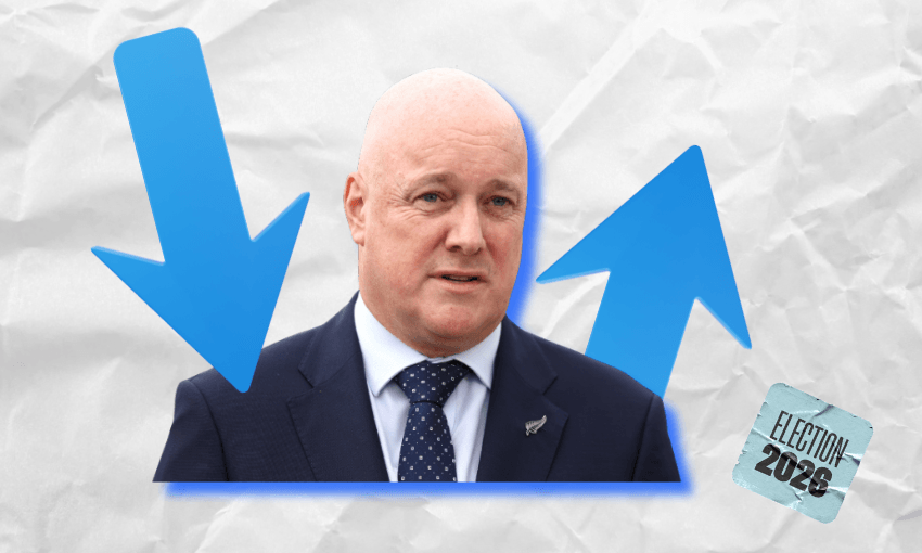 A man in a suit stands between a blue downward arrow and an upward arrow, with a crumpled paper background and a sticker that reads “Election 2023” in the corner.