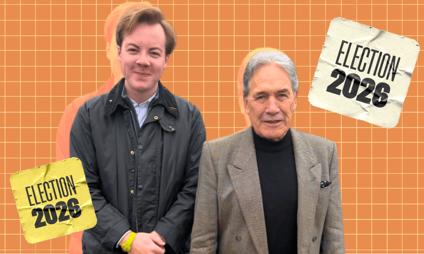 NZ First super-supporter Jackson Fowler has followed Winston Peters everywhere he goes on the campaign trail. (Photo: supplied. Design: The Spinoff) 
