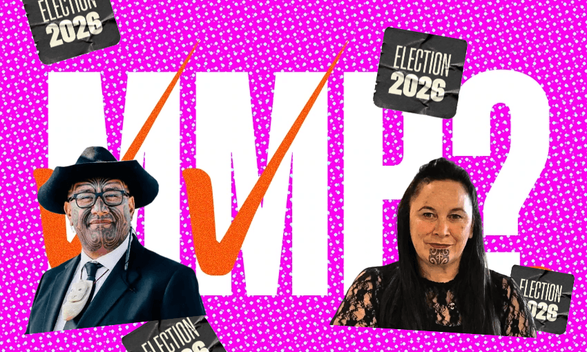 Te Pāti Māori co-leaders Rawiri Waititi and Debbie Ngarewa-Packer. (Design: Archi Banal/The Spinoff) 

