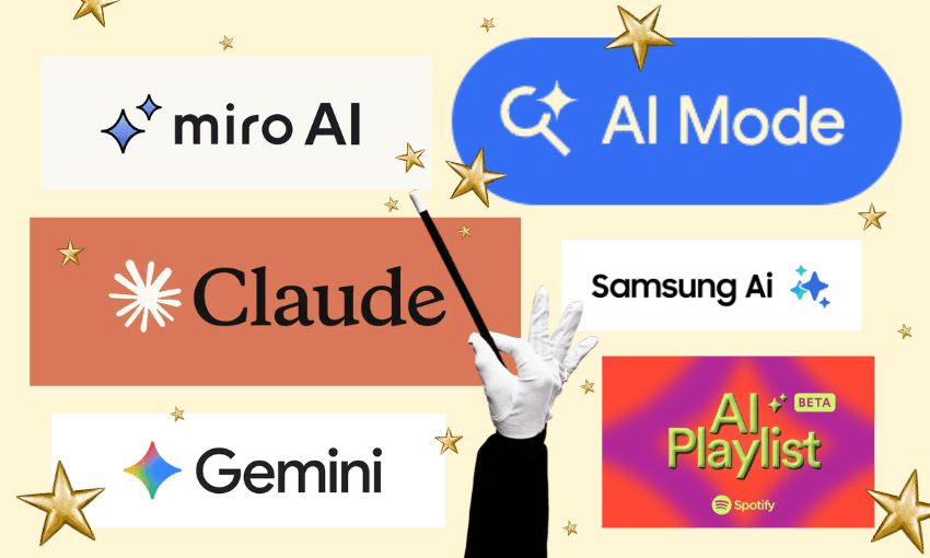 A gloved hand with a magic wand points at logos for miro AI, AI Mode, Claude, Samsung AI, Gemini, and Spotify AI Playlist, surrounded by gold stars on a beige background.