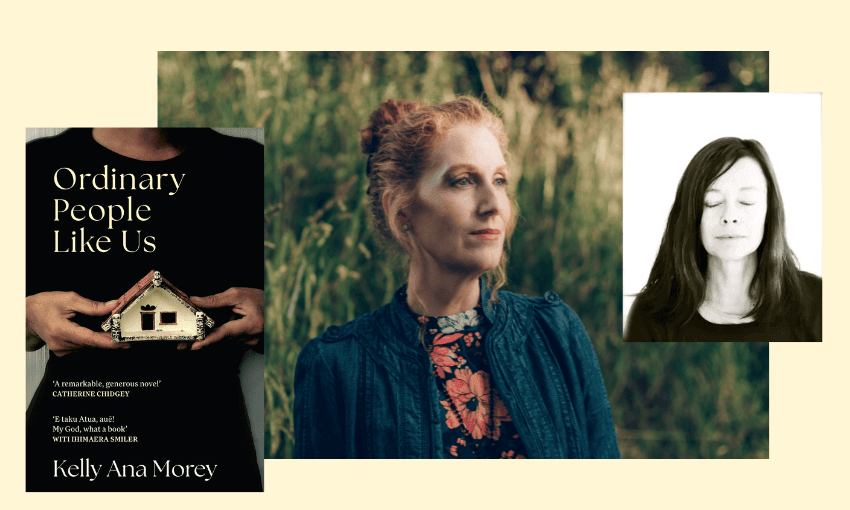 A photo of Catherine Chidgey with an inset of Kelly Ana Morey and the cover of Kelly Ana's book Ordinary People Like Us.