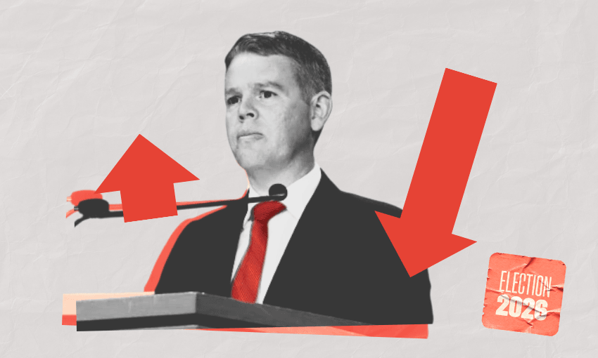 A man in a suit and red tie stands at a podium with red arrows pointing up and down. A small “Election 2024” graphic appears in the corner. The background is textured and light-colored.