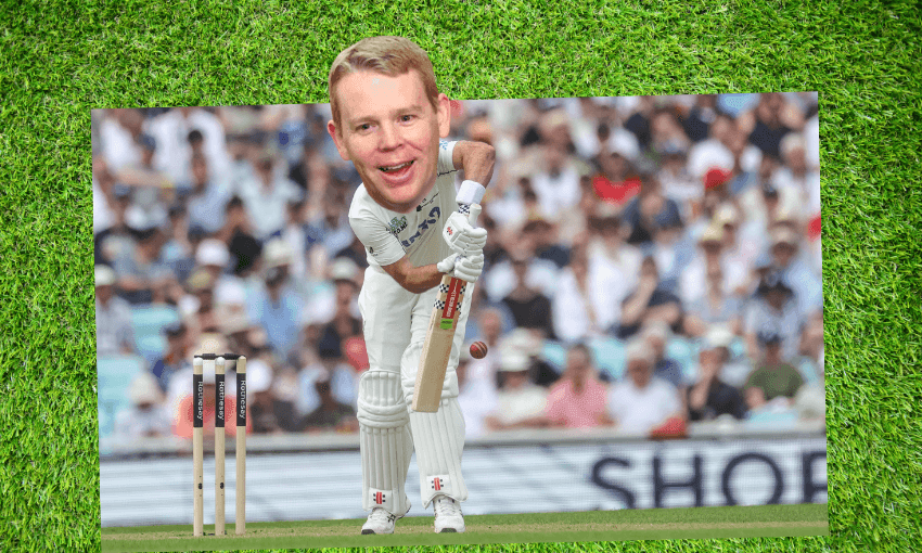 A cartoon-like image of a cricket player with an exaggerated large head playing a shot, with a red ball approaching and a stadium crowd in the background, all placed on a grass-textured background.
