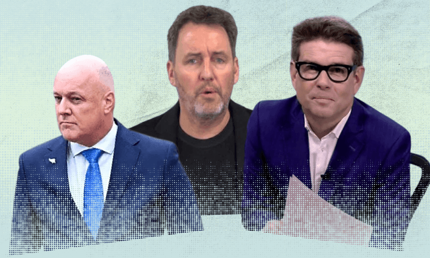 Christopher Luxon, RNZ’s John Campbell and Mike Hosking from Newstalk ZB (Photos: Getty Images, screenshots from RNZ and Newstalk ZB. Composite image: The Spinoff) 

