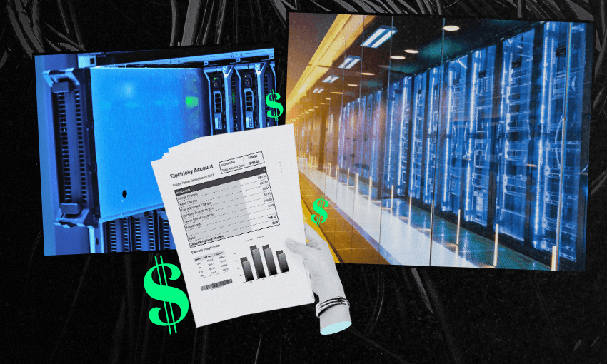 A hand holds an electricity bill in front of images of server racks and data centers, with green dollar signs indicating costs.