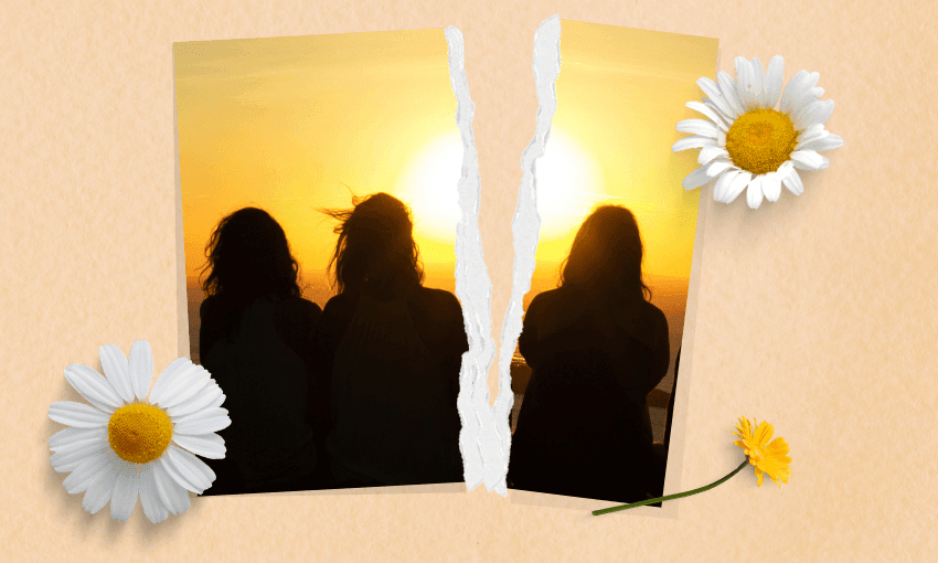 A photo of friends, ripped down the middle