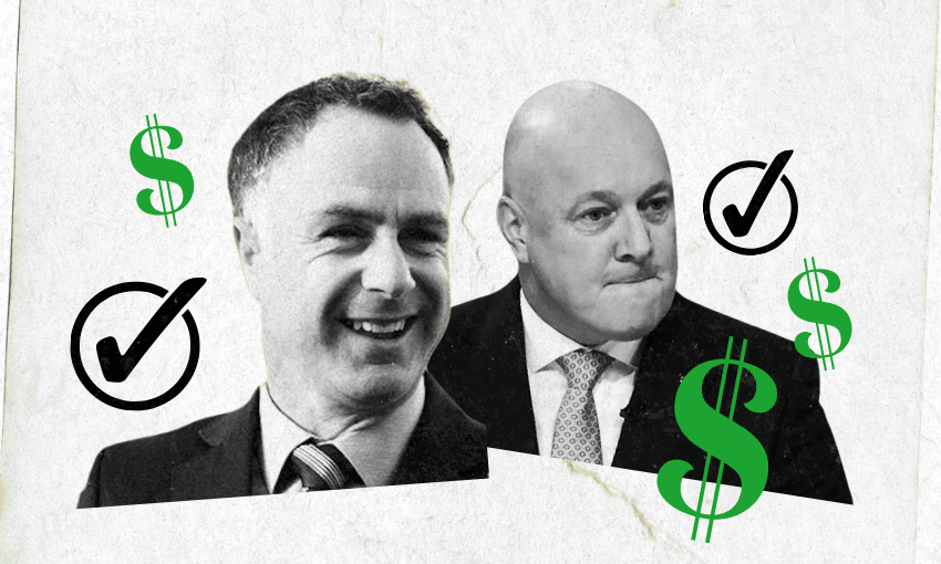 Two men in suits with dollar signs and check marks around them, on a textured background.