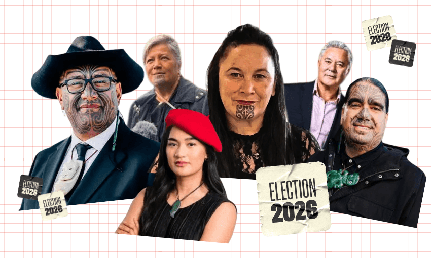 A collage of six people with Māori facial tattoos and traditional clothing, with “Election 2026” notes around them, on a grid background.